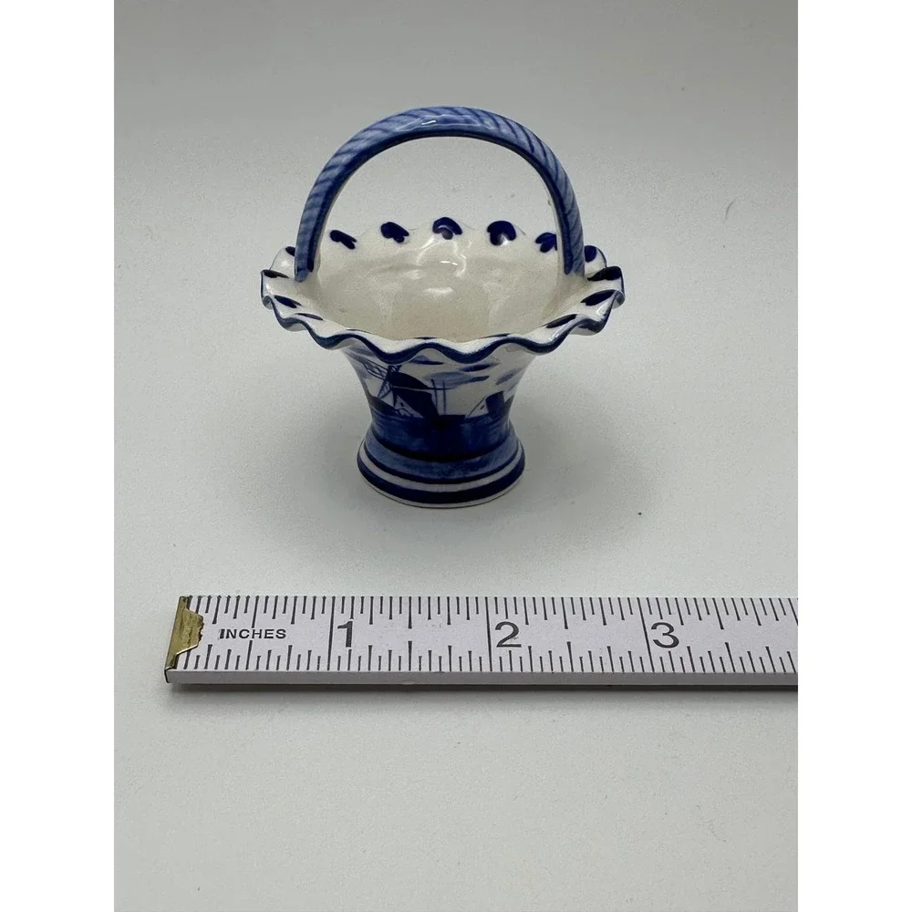 Vintage 1984 Handpainted Delft Blue Miniature Ceramic Basket Windmill DALC
